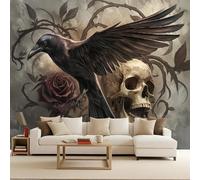 Mural Papel Pintado Flores Calavera Gótico Cuervo Murales 3D Papel Tapiz Fotográfico Tejido No Tejido Modernos Fotomurales Decorativos Pared Para Salon Dormitorio Oficina Decoración 350x256 cm