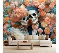 Mural Papel Pintado Gótico Calavera Rosa Flores Pareja Murales 3D Papel Tapiz Fotográfico Tejido No Tejido Modernos Fotomurales Decorativos Pared Para Salon Dormitorio Oficina Decoración 350x256 cm