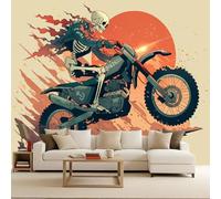 Mural Papel Pintado Gótico Calavera Vintage Motocicleta Murales 3D Papel Tapiz Fotográfico Tejido No Tejido Modernos Fotomurales Decorativos Pared Para Salon Dormitorio Oficina Decoración 150x105 cm