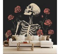 Mural Papel Pintado Gótico Estilo Calavera Rosa Flores Murales 3D Papel Tapiz Fotográfico Tejido No Tejido Modernos Fotomurales Decorativos Pared Para Salon Dormitorio Oficina Decoración 350x256 cm