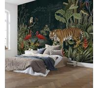 Mural Pared Papel Pintado Selva oscura Animales de lujo: tigres,monos y loros Decorativo para Salón Dormitorio Tamaño 150x105cm No Autoadhesivo