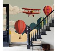 Mural Pared Papel Pintado TNTBeige Globos aerostáticos,aviones,nubes Decorativo para Salón Dormitorio Tamaño Divertido globo aerostático de dibujos animados No Autoadhesivo