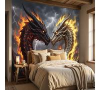 Mural Pared Papel Pintado TNTnegro Grietas fantásticas y texturas de llamas Decorativo para Salón Dormitorio Tamaño Dragón Relámpago No Autoadhesivo