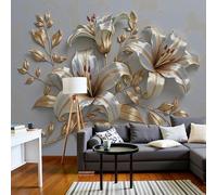 Mural Patrón Lirio Lujo 450×315 Cm Murales Decorativos Pared Flores Con Efecto Relieve 3D Papel Pintado, Moderno Decoración De Paredes Para Salón Dormitorio Pasillo Comedor