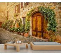 Mural rústico europeo de pueblo de piedra antigua, papel tapiz decorativo de calle histórica, ciudad mediterránea, arquitectura floral, paisaje, papel de pared para niños, decoración de dormitorio