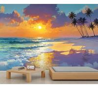 Mural vibrante de playa con atardecer tropical, palmeras y olas del océano, ideal para dormitorio y sala de estar. 150x105cm (No es autoadhesivo)