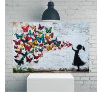 Mural vintage rústico en lienzo de niña que libera mariposas - Póster sin marco de 30 x 46 cm - Decoración para el hogar y la oficina para sala de estar, dormitorio, cocina y cafetería