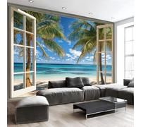 Mural Vista La Playa En 3D Desde La Ventana 150 X 105 Cm Murales Decorativos Pared Paisaje Playa Verano Papel Pintado, Moderno Decoración De Paredes Para Salón Dormitorio Pasillo Comedor