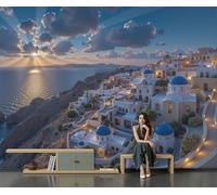 Mural Vista Panorámica Santorini, Grecia 300 X 210 Cm Murales Decorativos Pared Atardecer Romántico En La Playa Papel Pintado, Moderno Decoración De Paredes Para Salón Dormitorio Pasillo Comedor