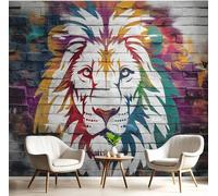 Murales 3D De Seda,Pintado Panorámico Color León De Pared De Ladrillo Mural Para Artística,Papel Tapiz Fotomurales Animales De Grafiti Decoración Póster De Pared Salón Dormitorio, 300X210Cm