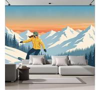 Murales 3D De Seda, Pintado Panorámico Diseño Plano Ilustración Mural Para Artística, Papel Tapiz Fotomurales Snowboarder Decoración Póster De Pared Salón Dormitorio, 250 x 175cm