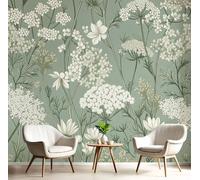 Murales 3D De Seda,Pintado Panorámico Gris Verdoso Flores Y Hierba Verde Mural Para Artística,Papel Tapiz Fotomurales Plantas Elegantes Decoración Póster De Pared Salón Dormitorio,300X210Cm