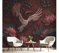 Murales 3D De Seda, Pintado Panorámico Grulla Loto Mural Para Artística, Papel Tapiz Fotomurales Talla De Madera Decoración Póster De Pared Salón Dormitorio, 200 x 140cm