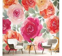 Murales 3D De Seda,Pintado Panorámico Naranja Rosa Flores De Rosa Mural Para Artística,Papel Tapiz Fotomurales Plantas De Acuarela Decoración Póster De Pared Salón Dormitorio,300X210Cm