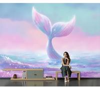 Murales 3D De Seda, Pintado Panorámico Superficie Del Mar Cola De Ballena Mural Para Artística, Papel Tapiz Fotográfico Estilo De Acuarela De Ensueño Decoración Póster De Pared Salón 400x280cm