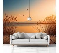 Murales 3D Hojas Puesta De Sol Madera Juncos 400 x 280 cm Fotomurale Papel Pintado no Tejido, Papel Tapiz Fotográfico, Mural de Decoración de Pared para Salon, Dormitorio, Oficina