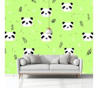 Murales 3D Minimalismo Cara De Panda Hojas Verdes 200 x 140 cm Fotomurale Papel Pintado no Tejido, Papel Tapiz Fotográfico, Mural de Decoración de Pared para Salon, Dormitorio, Oficina