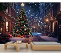 Murales de árbol de Navidad con nieve para víspera de Navidad, papel tapiz de ciudad callejera de invierno, nieve, escena de naturaleza, papel tapiz para niñas, casa, papel de pared para niñas