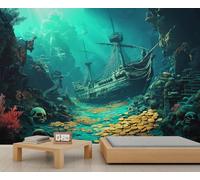 Murales de barco hundido bajo el mar, naufragio pirata, papel tapiz de esqueleto submarino para paredes, rocas y arrecifes de coral, papel de pared para dormitorio de niños, sala de estar, habitación