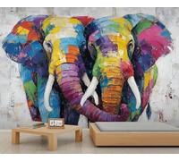 Murales de Elefante Abstracto Colorido en Pareja, Decoración de Pared de Arte Pop Vibrante, Declaración Audaz para Salón y Dormitorio 300x210cm (No es autoadhesivo)