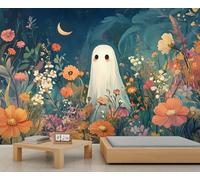 Murales de escena nocturna, papel pintado de fantasmas para niñas, flores y botánicos, papel tapiz de luna y estrella, papel de pared para niñas, dormitorio, sala de estar, mural, 200 x 140 cm