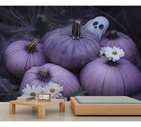 Murales de Halloween con calabazas moradas para paredes, telarañas, fantasmas divertidos, papel pintado de margaritas, naturaleza, habitación de niños, sala de estar, sofá, fondo de TV, póster grande