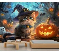 Murales de Halloween con lindo gato para Halloween, papel pintado de calabaza, faroles para habitación de niños, bosques oscuros, murciélagos, fantasmas, murales, murales, murales, decoración para