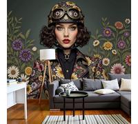Murales de Pared, 200x140cm Papel Tapiz Fotográfico Mujeres Chaquetas Cuero Para El Trabajo Fondo De Pantalla XXL Estilo Retro Motocicleta Decoración De Pared para Sala Cuarto Oficina, Verde Oscuro