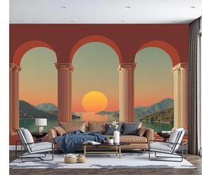 Murales de Pared, 350x250cm Papel Tapiz Fotográfico Puesta Sol Sobre Mar Antiguo Arco Griego Fondo De Pantalla XXL Estilo Mediterráneo Decoración De Pared para Sala Cuarto Oficina, Rojo Anaranjado