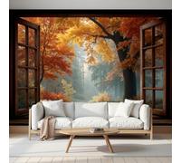 Murales de Pared Bosque De Arces Otoñales, Papel Pintado Fotomurales Ventanas De Madera de Decorativos del Hogar, para Salon Dormitorio Decoracion Pared, 450Anx315Al cm (No Autoadhesivo)