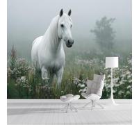 Murales de Pared Caballo Blanco Y Flores Silvestres Papel Tapiz Campos Brumosos Papel Pintado de Seda Verde Fotomural Murales de Decorativos para Dormitorio, Salón, Oficina, Hotel 400x280cm