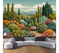 Murales de Pared Cactus Del Desierto Papel Tapiz Ilustraciones Retro Papel Pintado de Seda Verde Salvia Fotomural Murales de Decorativos para Dormitorio, Salón, Oficina, Hotel 200x140cm