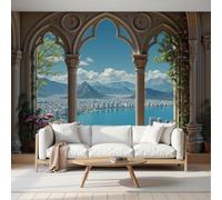 Murales de Pared Ciudad De La Bahía, Papel Pintado Fotomurales Vista Desde Una Ventana De Gótico de Decorativos del Hogar, para Salon Dormitorio Decoracion Pared, 350Anx256Al cm (No Autoadhesivo)