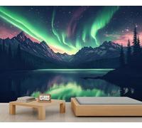 Murales de pared con luces del norte, 400 x 280 cm, paisaje natural, gran mural, lago, montañas, papel pintado para dormitorio, decoración de pared de luz del norte (no se pela y pega)