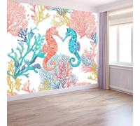 Murales de Pared Corales Del Océano Caballito de Mar Arte de Pared Estilo Acuarela Papel Tapiz Fotográfico para Sala de Estar, Dormitorios, Papel Premium 400 x 280 cm Tapiz Fotográfico Efecto 3D
