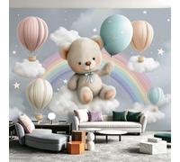 Murales de pared de 150 x 105 cm, papel pintado de cielo estrellado de dibujos animados, no tejido, lindo oso con globo aerostático, papel pintado fotográfico grande para habitación de niños y niñas