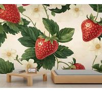 Murales de pared de fresas de 250 x 175 cm, mural grande de frutas florales para dormitorio, decoración del hogar de fresas (no se pela y pega)