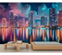 Murales de pared de la ciudad de Nueva York, mural de paisaje urbano, papel tapiz grande de rascacielos para sala de estar, mural de pared de escena nocturna de ciudad, 400 x 280 cm (no se pela y pega