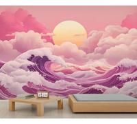 Murales de pared de ondas, mural estilo Ukiyo-E, papel pintado de ondas de dibujos animados para sala de estar, dormitorio, estudio, decoración de fondo de TV, 250 x 175 cm