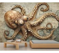 Murales de pared de pulpo, mural de mapa del mundo náutico, papel pintado grande vintage para sala de estar, mural de pared de pulpo, 150 x 105 cm (no se despega)