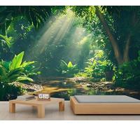 Murales de pared de selva, mural de selva verde, papel tapiz grande botánico tropical para sala de estar, mural de pared de bosque, 350 x 254 cm (no se despega)