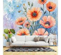 Murales de pared de tamaño personalizado, acuarela naranja, amapolas florales, prado, arte botánico, pintura de cielo azul, tela de pared autoadhesiva (sin PVC), papel tapiz grande extraíble para sala