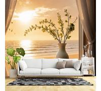 Murales de pared de tamaño personalizado, amanecer dorado, playa, paisaje marino, olas del océano, vista tropical, acento floral, tela de pared autoadhesiva (sin PVC), papel tapiz grande extraíble