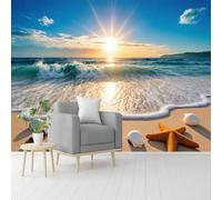 Murales de pared de tamaño personalizado, amanecer y atardecer en la playa con conchas marinas y estrellas de mar, papel tapiz autoadhesivo extraíble, para sala de estar, dormitorio, tienda, oficina