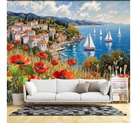 Murales de pared de tamaño personalizado, amapolas rojas, veleros, aldea mediterránea, paisaje costero, pintura al óleo, tela de pared autoadhesiva (sin PVC), papel tapiz grande extraíble para sala de