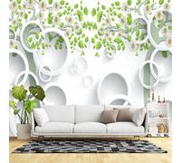 Murales de pared de tamaño personalizado, árbol floral abstracto 3D con hojas verdes y flores blancas, diseño de círculos, papel tapiz autoadhesivo extraíble para sala de estar, dormitorio, oficina