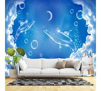 Murales de pared de tamaño personalizado, ballena azul cielo con burbujas y luna creciente, tela autoadhesiva (sin PVC), papel tapiz fotográfico grande extraíble para sala de estar, dormitorio