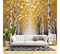 Murales de pared de tamaño personalizado, bosque de abedul dorado, camino otoñal, pintura abstracta, paisaje, árboles amarillos cálidos, tela de pared autoadhesiva (sin PVC), papel tapiz grande