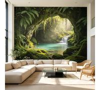 Murales de pared de tamaño personalizado, bosque tranquilo, cascada, cueva, paisaje, helechos, tropical, botánico, autoadhesivo, tela de pared, papel tapiz grande extraíble, decoración de pared para