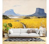 Murales de pared de tamaño personalizado, camino del río prado dorado entre montañas azules, pintura de paisaje escénico, tela de pared autoadhesiva (sin PVC), papel tapiz grande extraíble para sala
